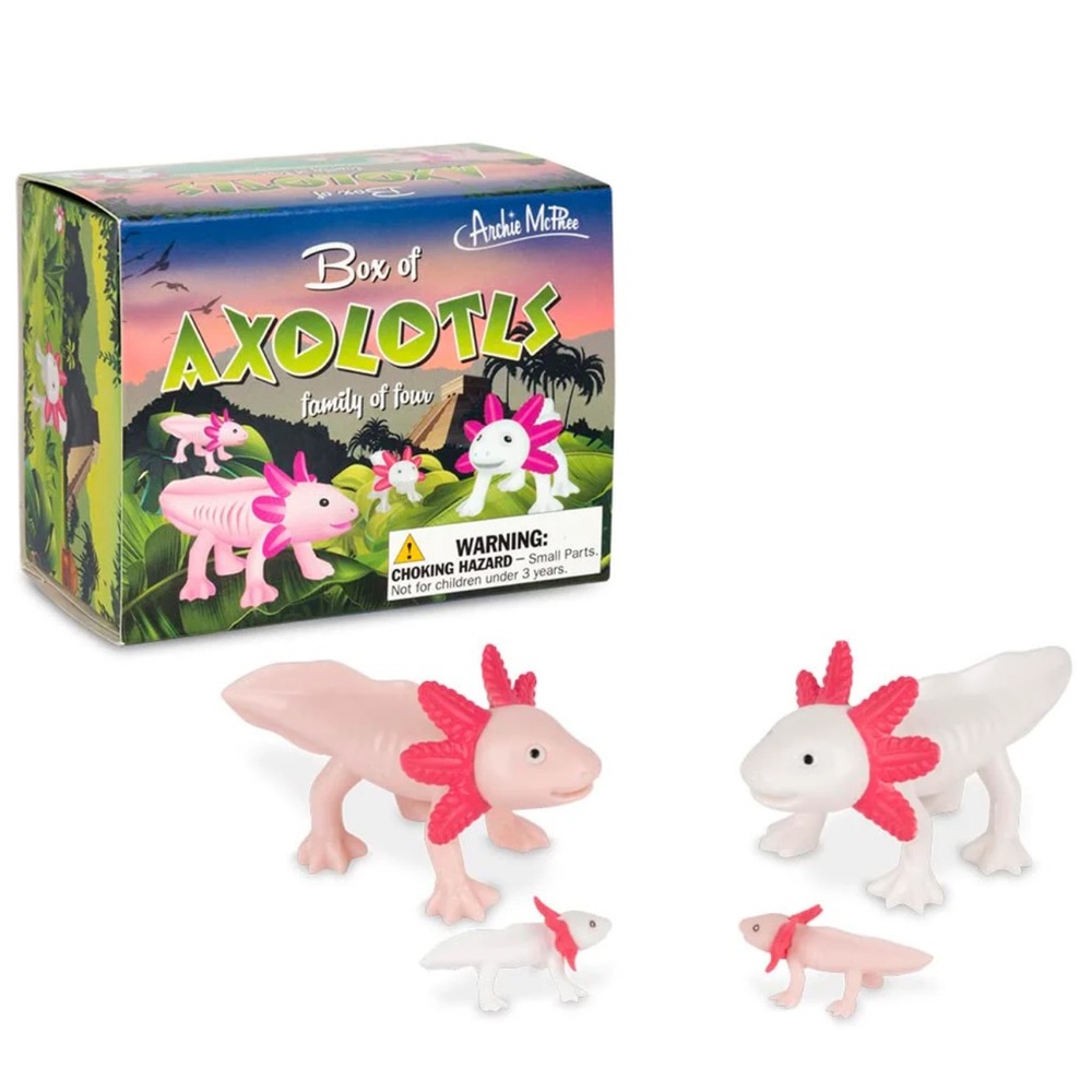 Archie McPhee Box of AXOLOTLS Family of four figures pink & white NEW IN BOX